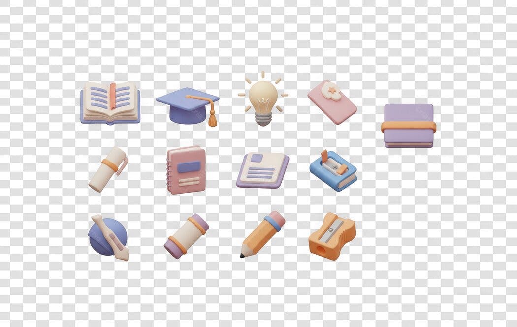 Elemento 3D Ícones Educação Escola Material Escolar PNG Fundo Transparente