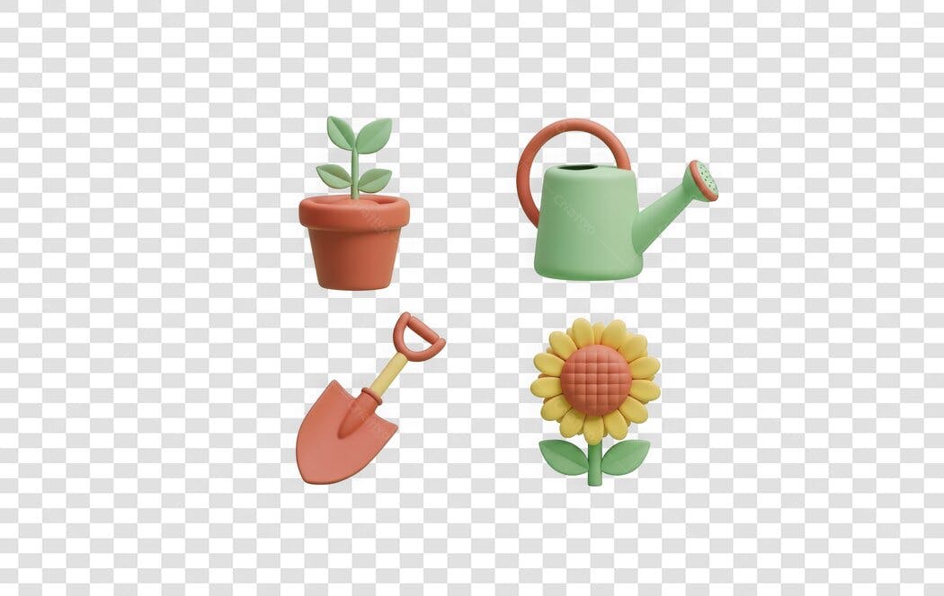 Elemento 3D Jardinagem Vaso Regador Pá Girassol PNG Fundo Transparente
