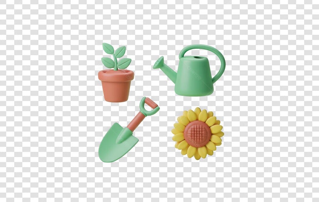 Elemento 3D Kit Jardinagem Vaso Regador Pá Girassol PNG Fundo Transparente