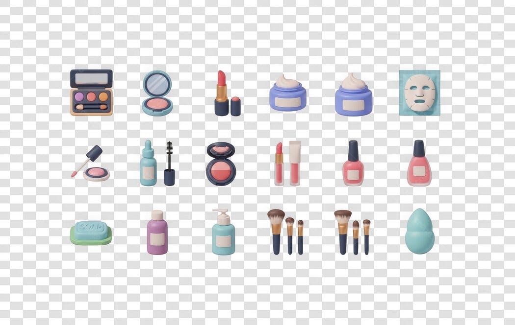 Elemento 3D Kit Maquiagem e Skincare PNG Fundo Transparente