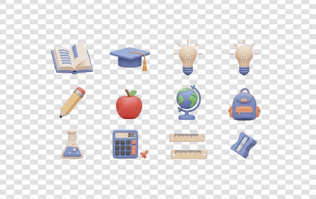Elemento 3D Kit Material Escolar Educação PNG Fundo Transparente