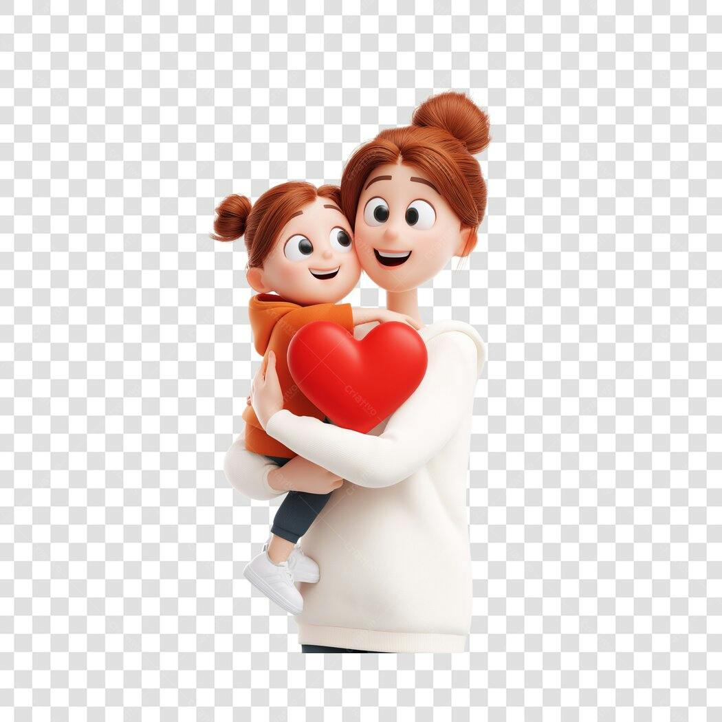 Elemento 3D Mãe e Filha Coração Dia das Mães Maio PNG Fundo Transparente