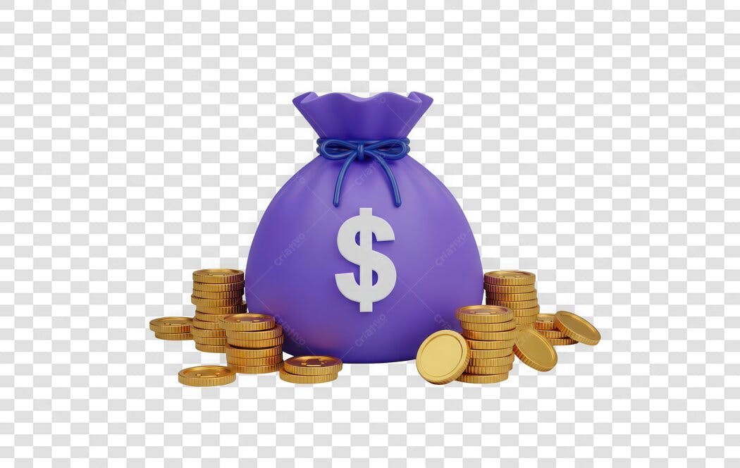 Elemento 3D Saco Dinheiro Moedas Dólar Roxo PNG Fundo Transparente
