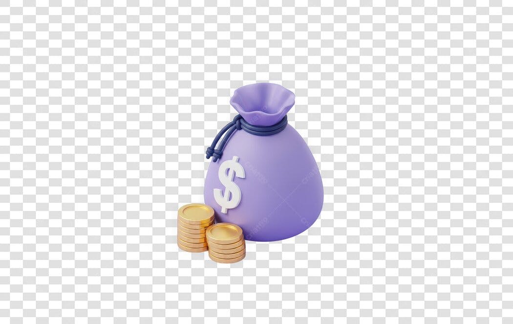 Elemento 3D Saco Dinheiro Moedas Roxo PNG Fundo Transparente