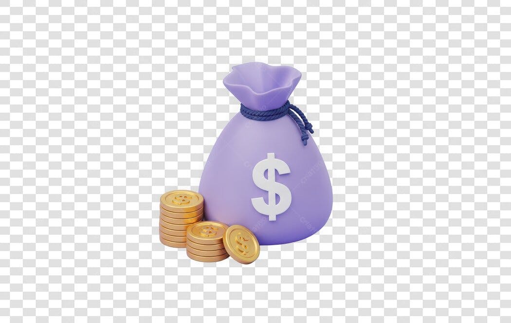 Elemento 3D Saco Dinheiro Moedas Roxo PNG Fundo Transparente