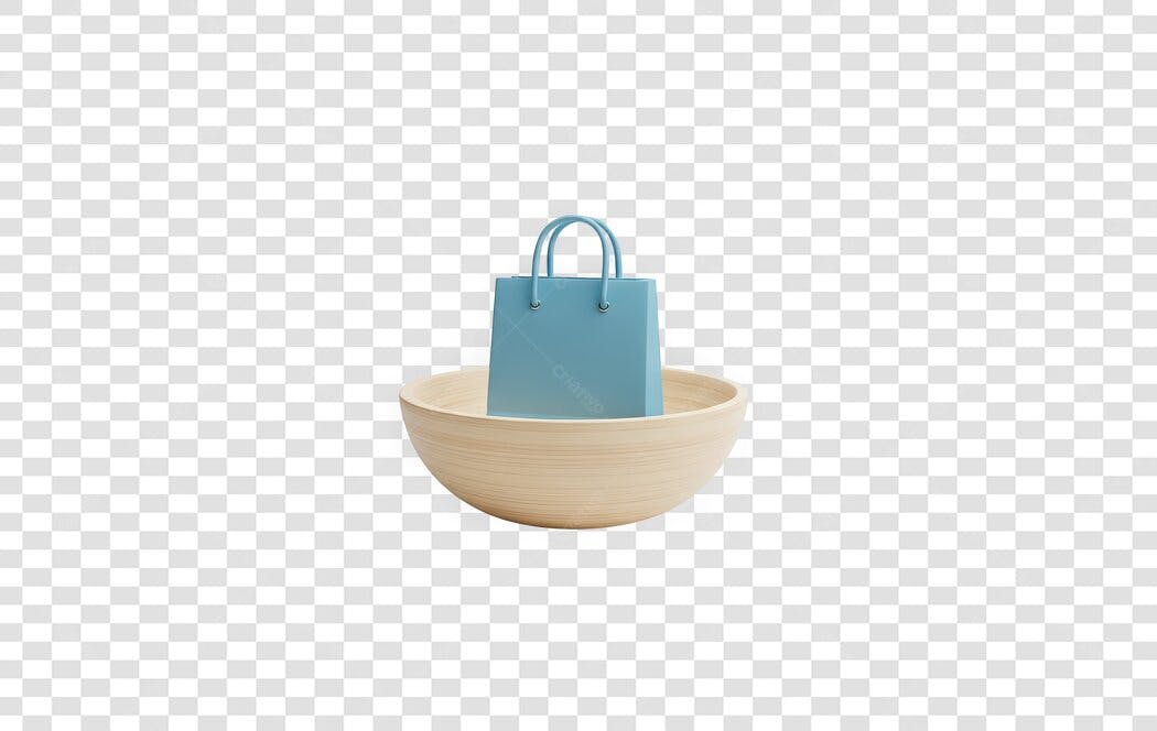 Elemento 3D Sacola Compras Azul Tigela Madeira PNG Fundo Transparente