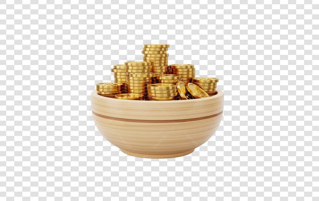 Elemento 3D Tigela Moedas Douradas Riqueza PNG Fundo Transparente