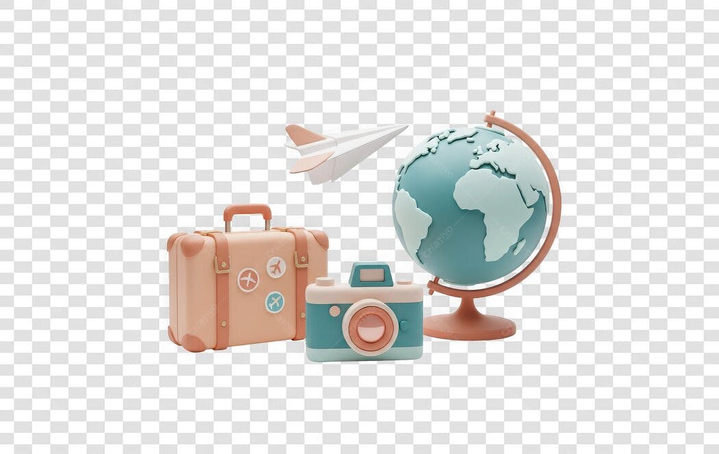 Elemento 3D Viagem Férias Maleta Câmera Globo PNG Fundo Transparente