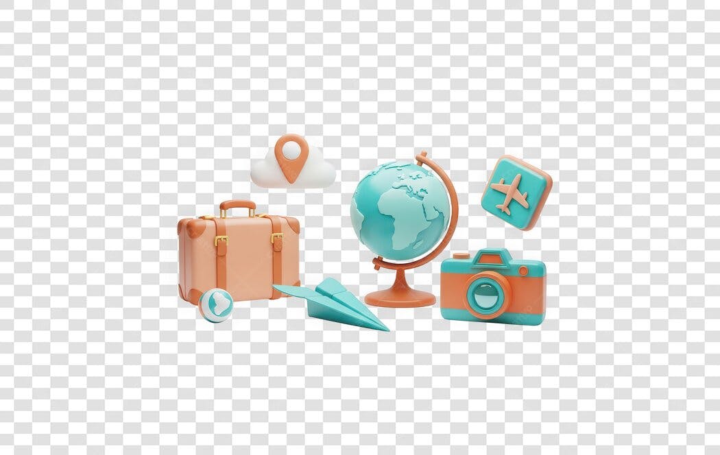 Elemento 3D Viagem Férias Maleta Globo Câmera PNG Fundo Transparente