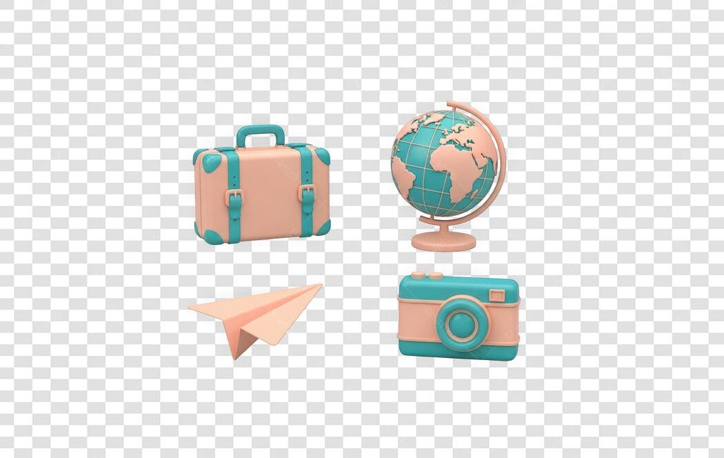 Elemento 3D Viagem Maleta Globo Câmera PNG Fundo Transparente