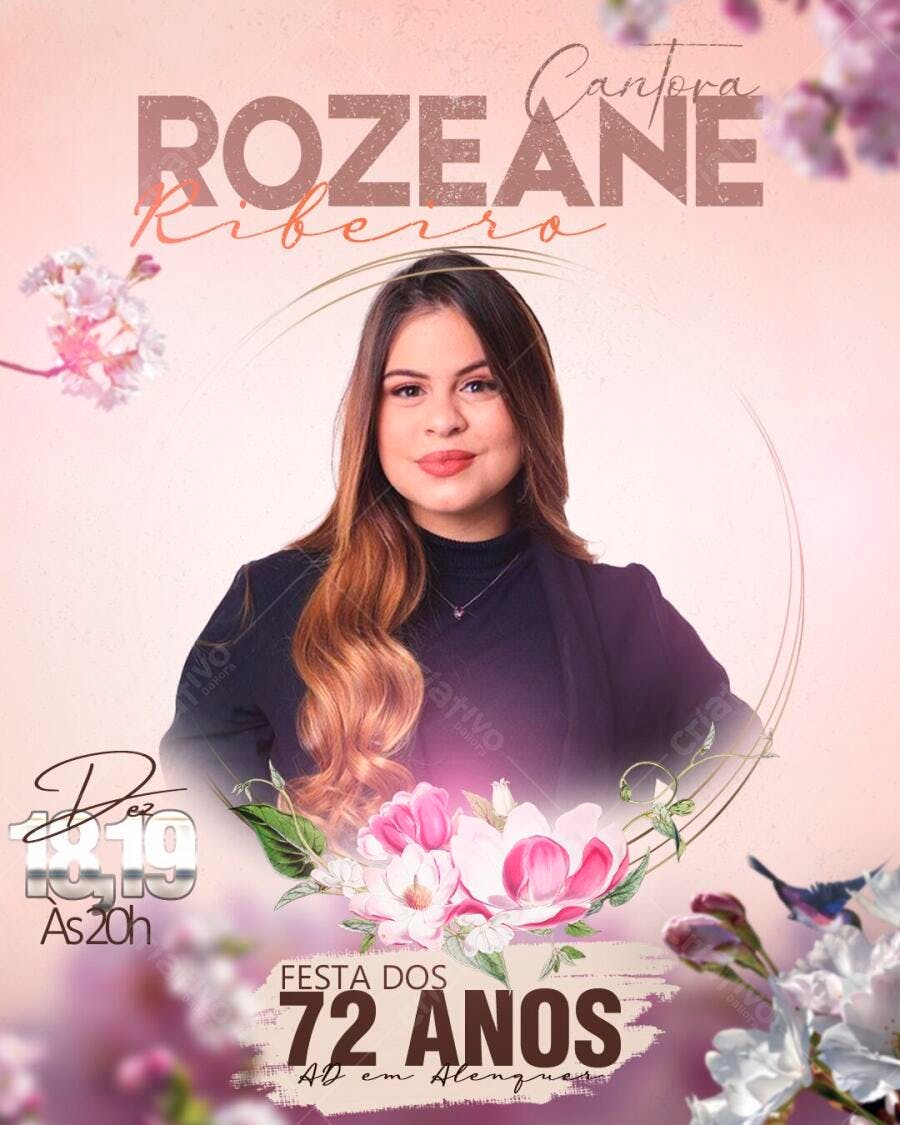 Flyer Aniversário 72 Anos Cantora Rozeane Ribeiro PSD Editável