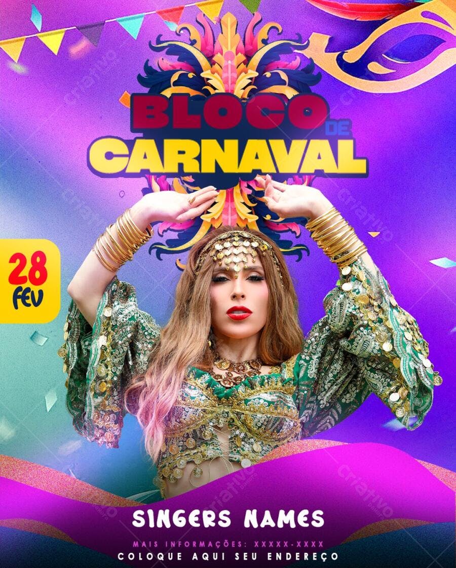 Flyer Bloco de Carnaval Fevereiro PSD Editável