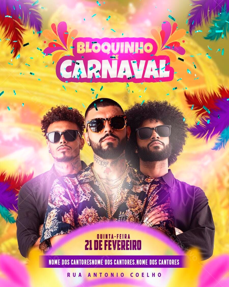 Flyer Bloquinho Carnaval Fevereiro Evento PSD Editável