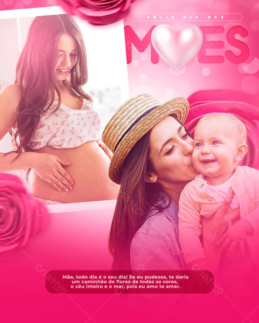 Flyer Dia das Mães Rosa Corações PSD Editável