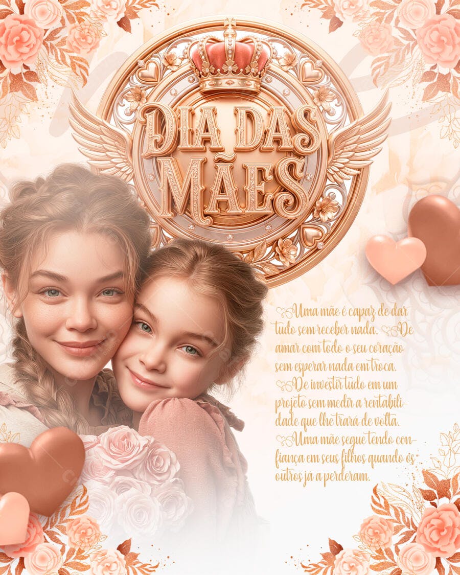 Flyer Dia das Mães Rosas e Corações PSD Editável