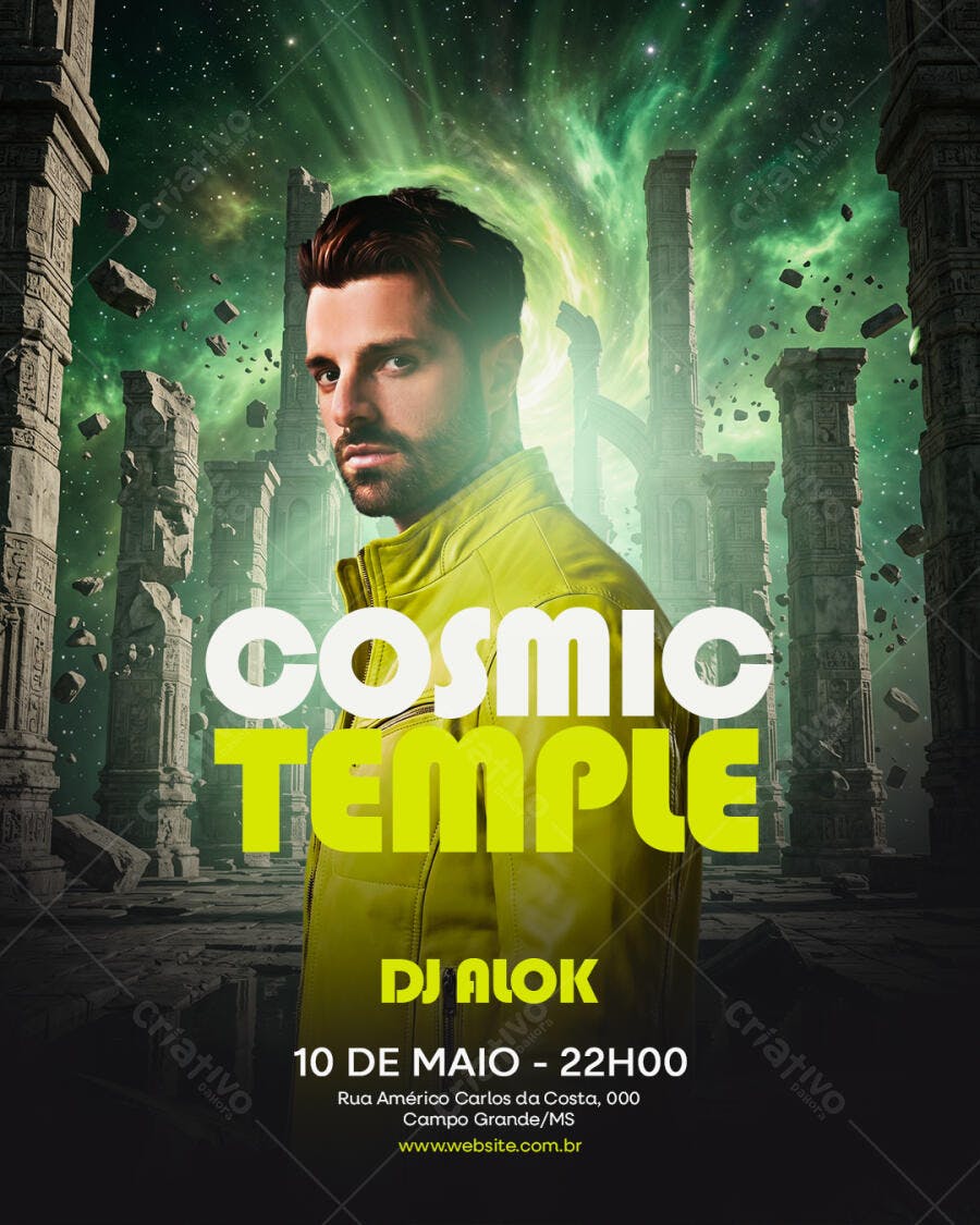 Flyer Festa Balada DJ Alok Cosmic Temple PSD Editável