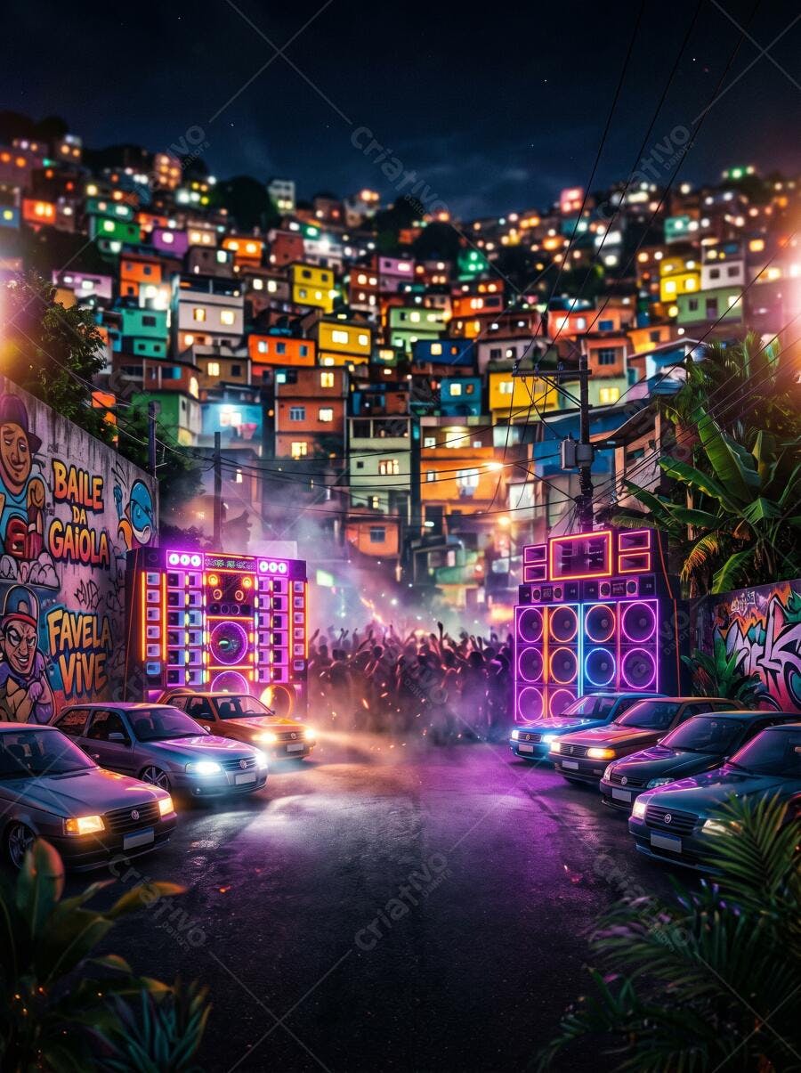 Foto Baile Favela Noite Luzes Neon Carros Graffiti