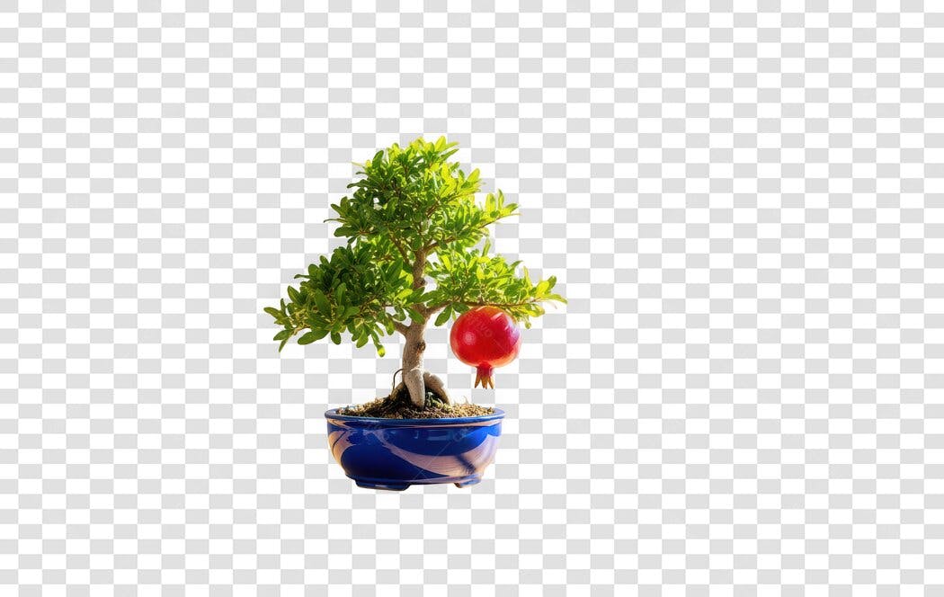 Foto Recortada Bonsai Romã Vaso Azul PNG Fundo Transparente