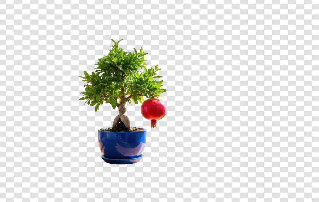 Foto Recortada Bonsai Romã Vaso Azul PNG Fundo Transparente