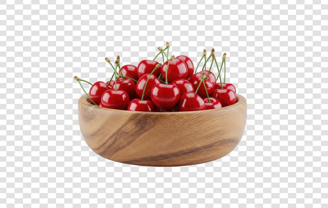Foto Recortada Cerejas Frescas Tigela Madeira PNG Fundo Transparente