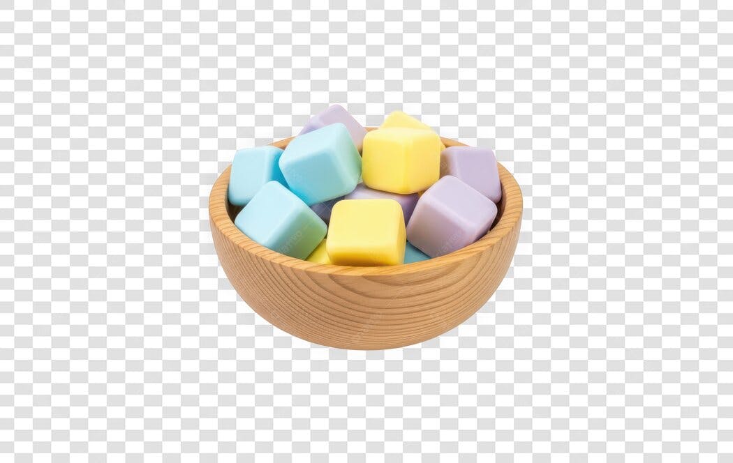 Foto Recortada Doces Quadrados Coloridos Tigela Madeira PNG Fundo Transparente