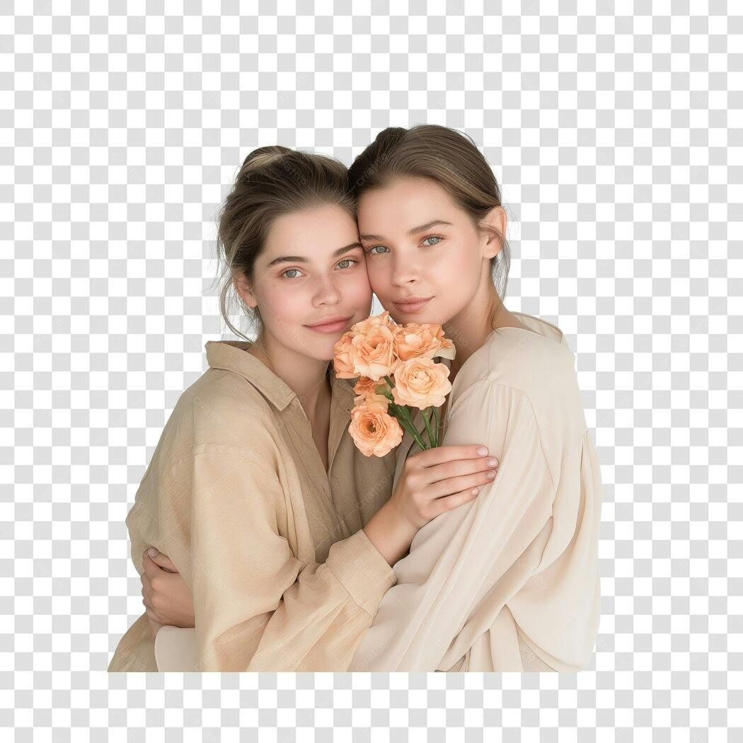 Foto Recortada Duas Mulheres Abraçadas Flores Pêssego PNG Fundo Transparente