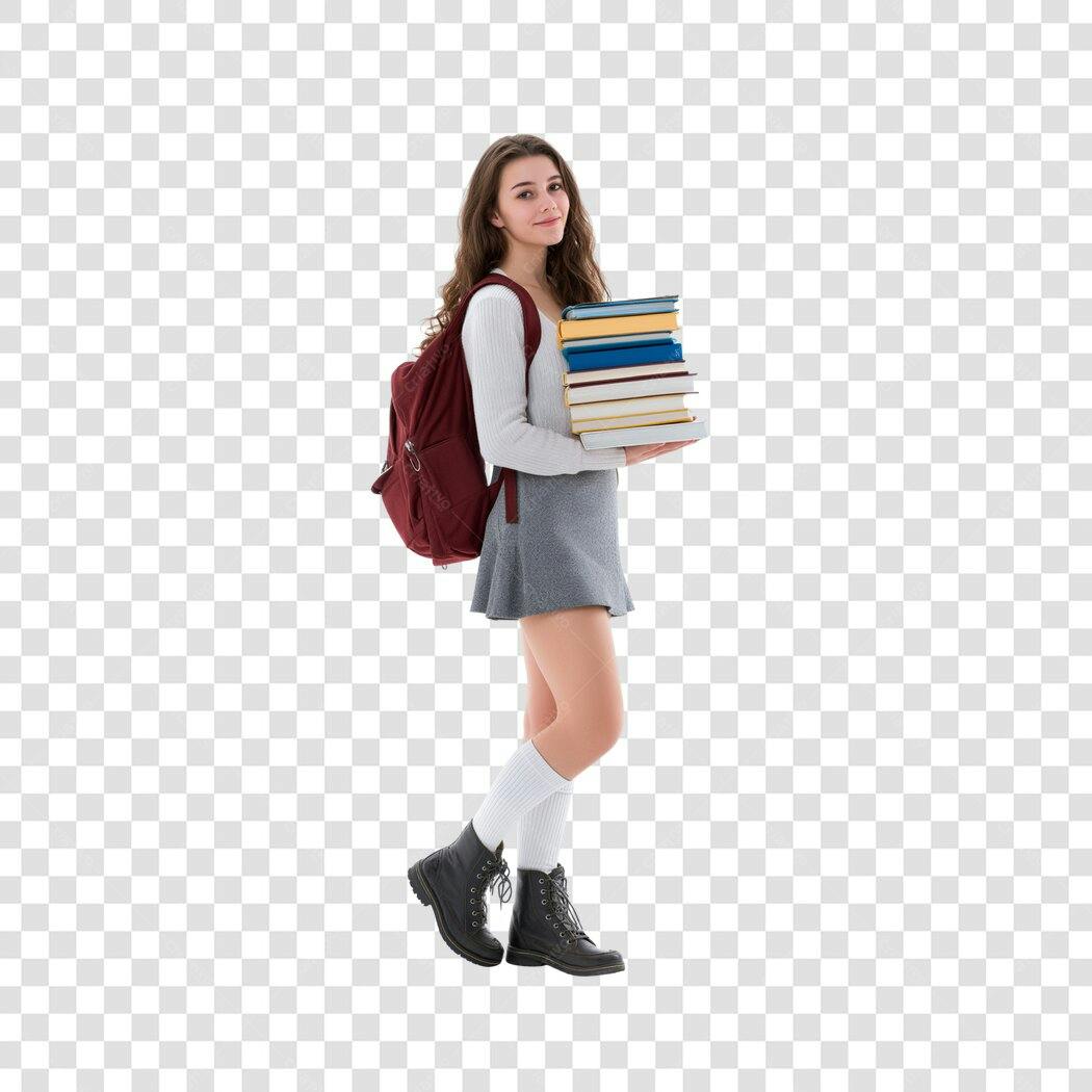 Foto Recortada Estudante Moça Livros Mochila PNG Fundo Transparente