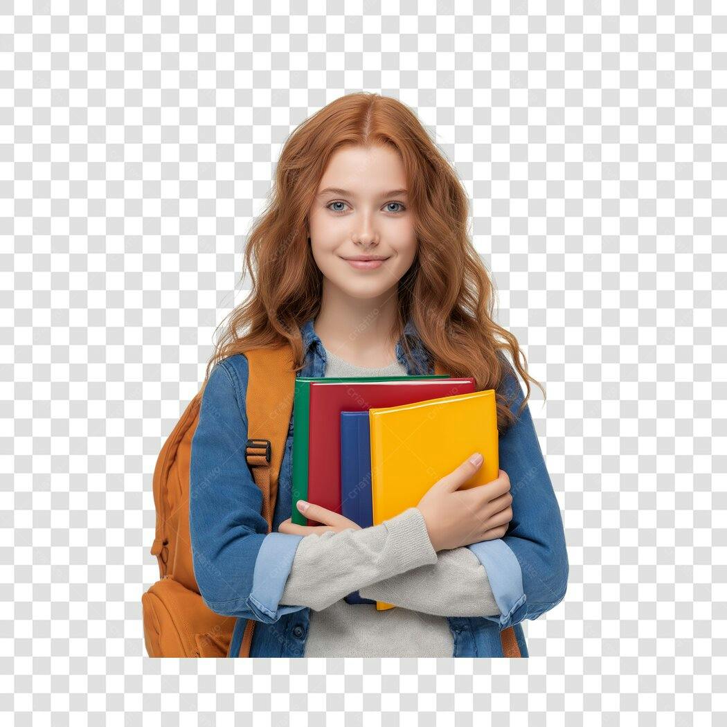 Foto Recortada Estudante Ruiva Livros Mochila PNG Fundo Transparente