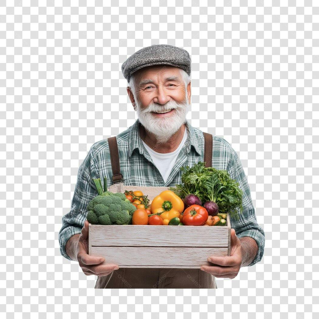 Foto Recortada Fazendeiro Idoso Cesta Legumes PNG Fundo Transparente