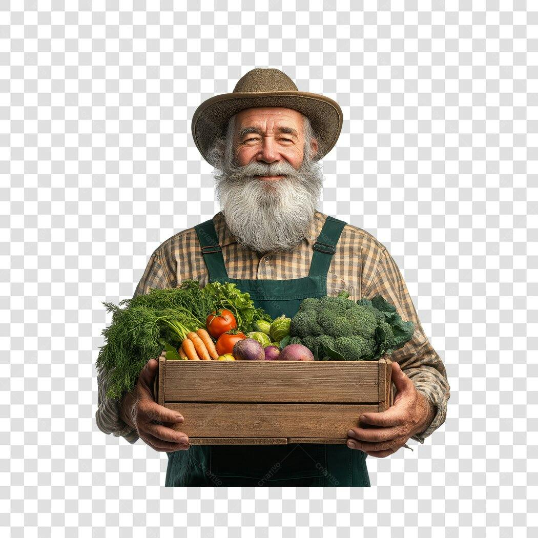 Foto Recortada Fazendeiro Idoso Cesta Vegetais PNG Fundo Transparente