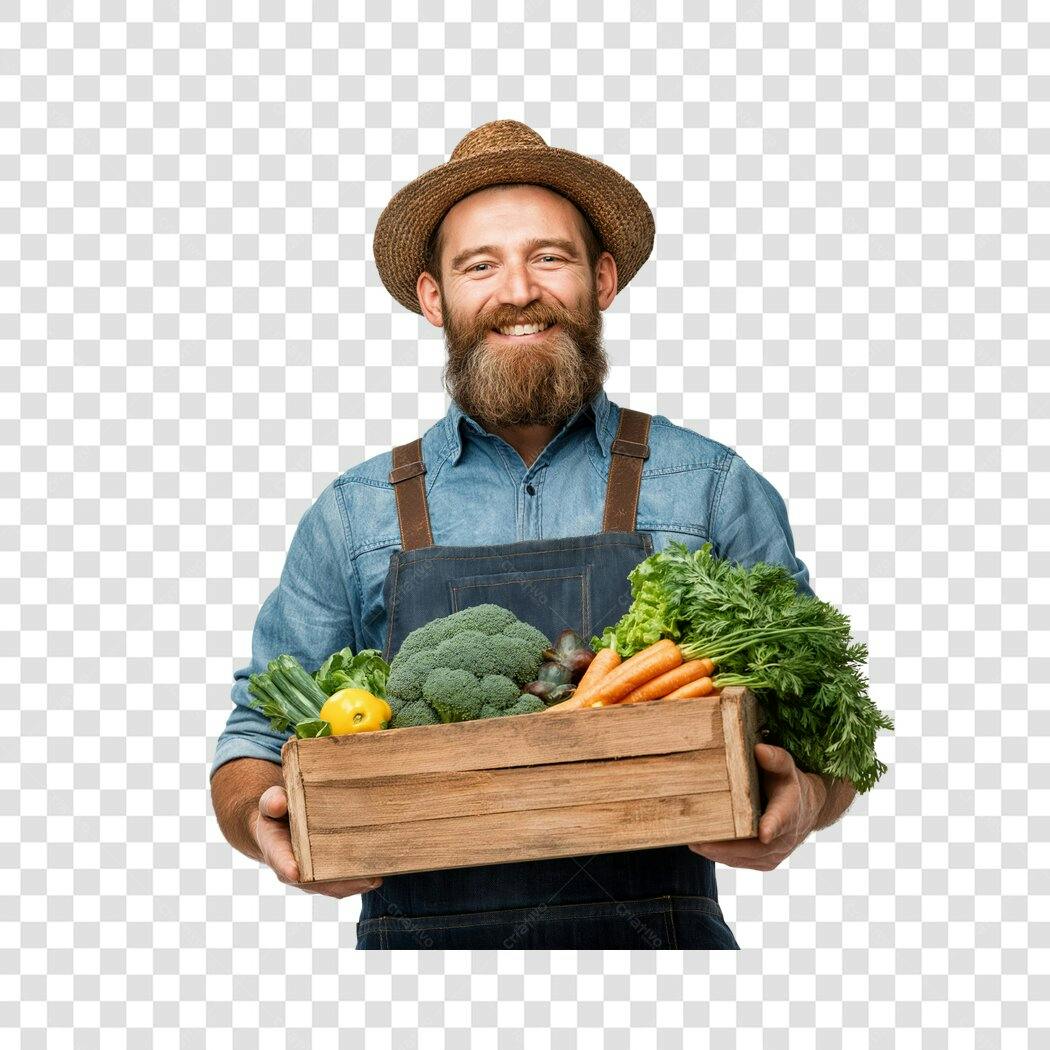 Foto Recortada Fazendeiro Sorrindo Cesta Legumes PNG Fundo Transparente