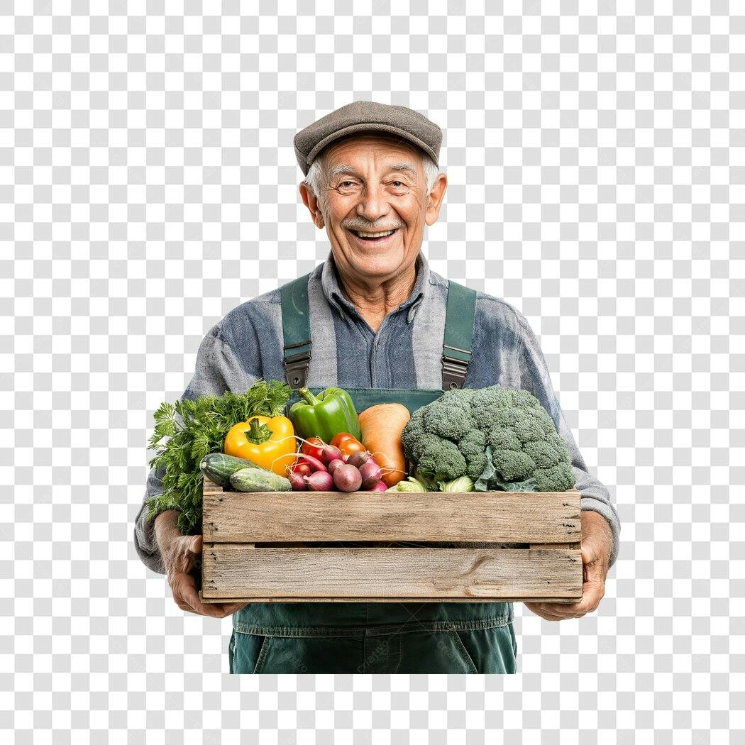 Foto Recortada Homem Idoso Agricultor Cesta Vegetais PNG Fundo Transparente