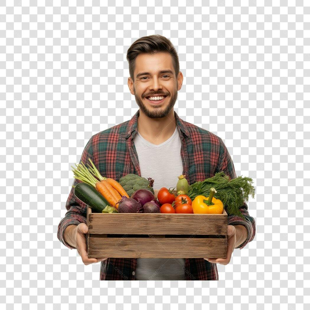 Foto Recortada Homem Sorrindo Cesta Legumes PNG Fundo Transparente