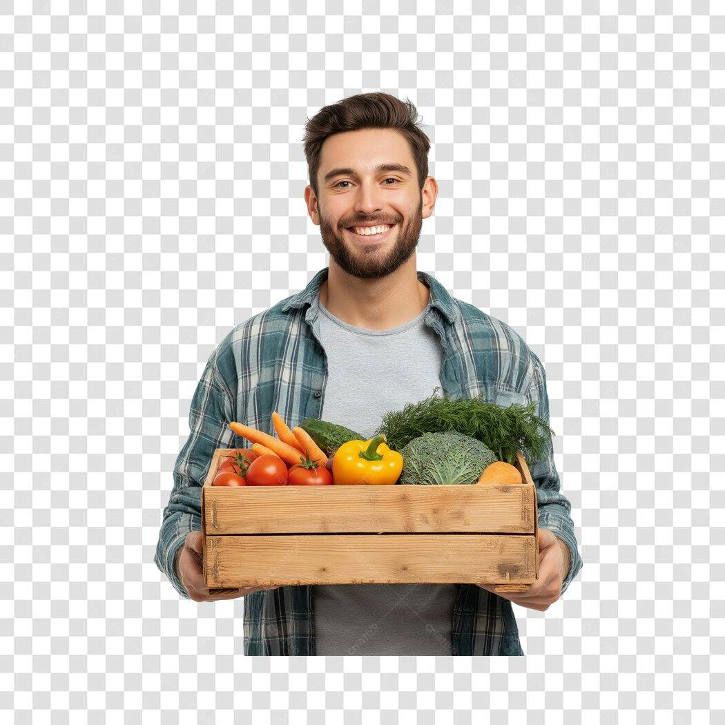 Foto Recortada Homem Sorrindo Cesta Legumes PNG Fundo Transparente