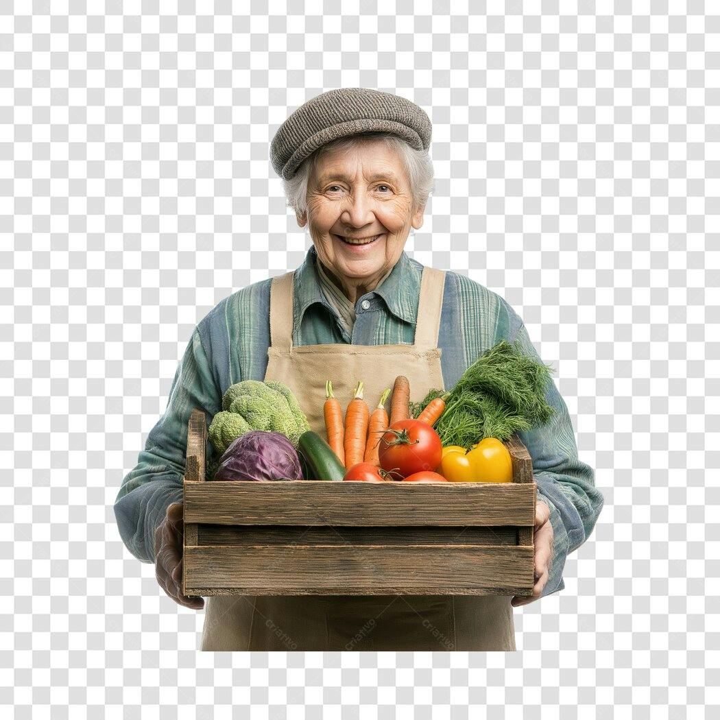 Foto Recortada Idosa Agricultora Cesta Vegetais PNG Fundo Transparente