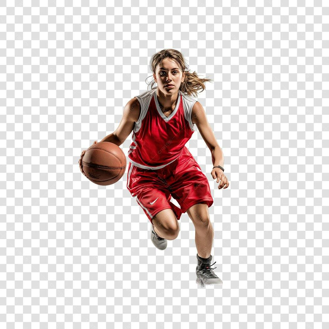 Foto Recortada Jogadora Basquete Driblando PNG Fundo Transparente
