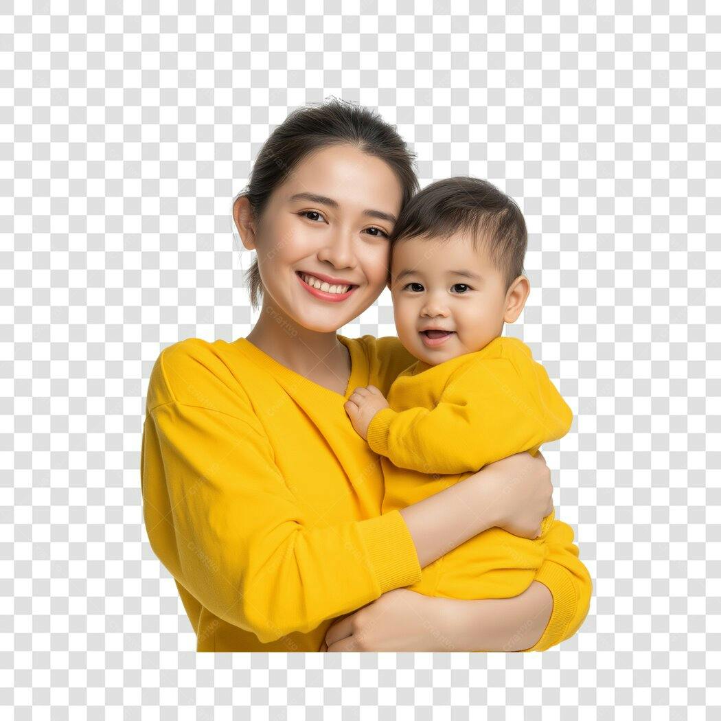 Foto Recortada Mãe e Bebê Asiáticos Sorrindo PNG Fundo Transparente