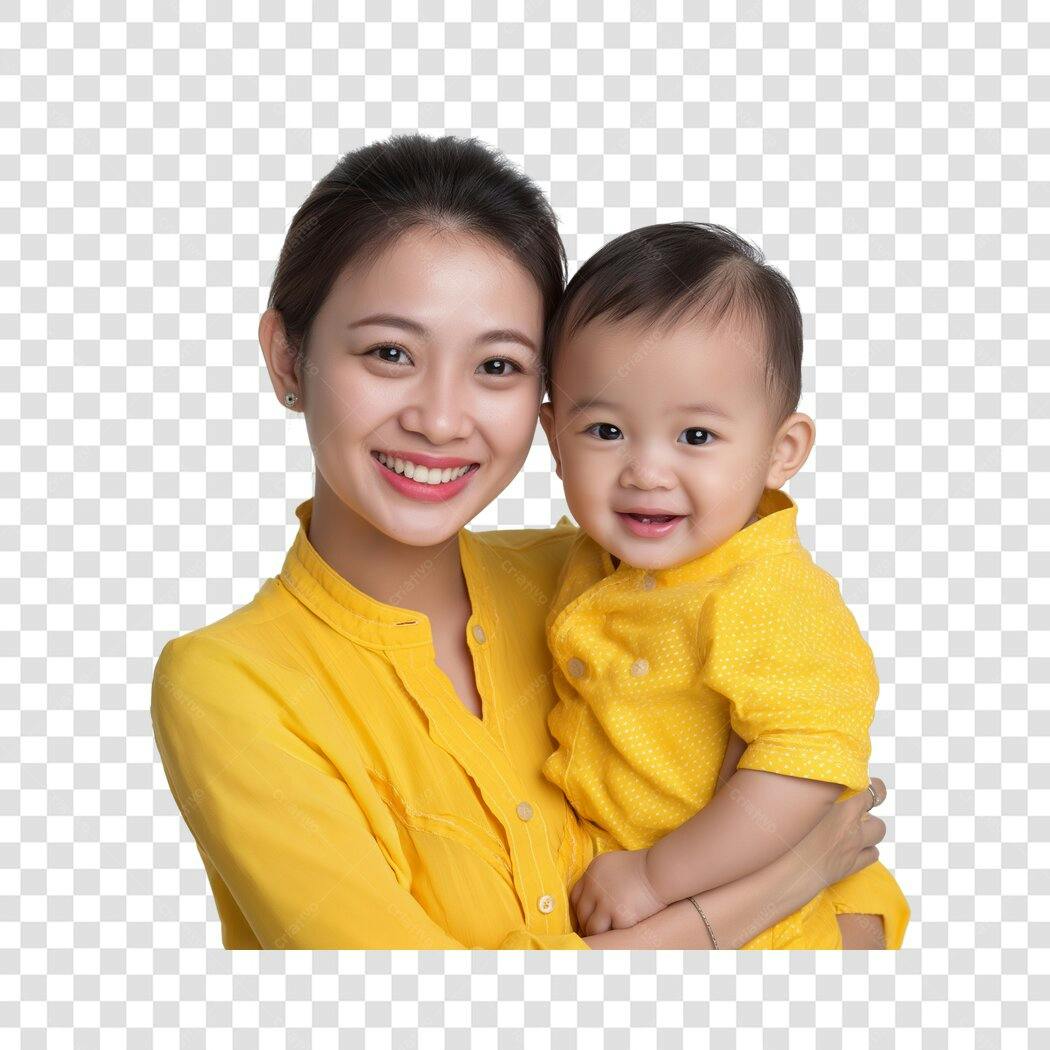 Foto Recortada Mãe e Bebê Asiáticos Sorrindo PNG Fundo Transparente