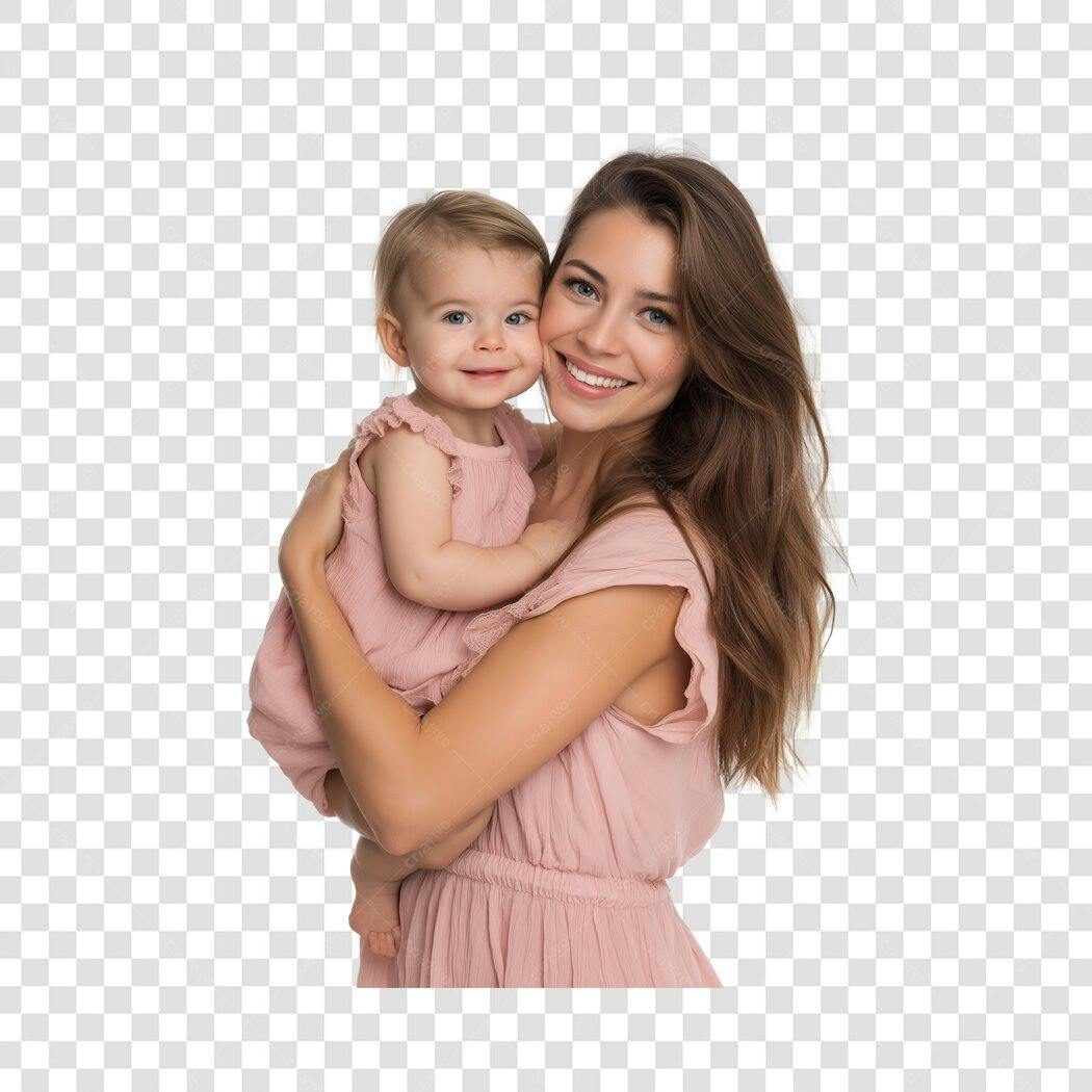 Foto Recortada Mãe e Bebê Sorrindo Vestido Rosa PNG Fundo Transparente