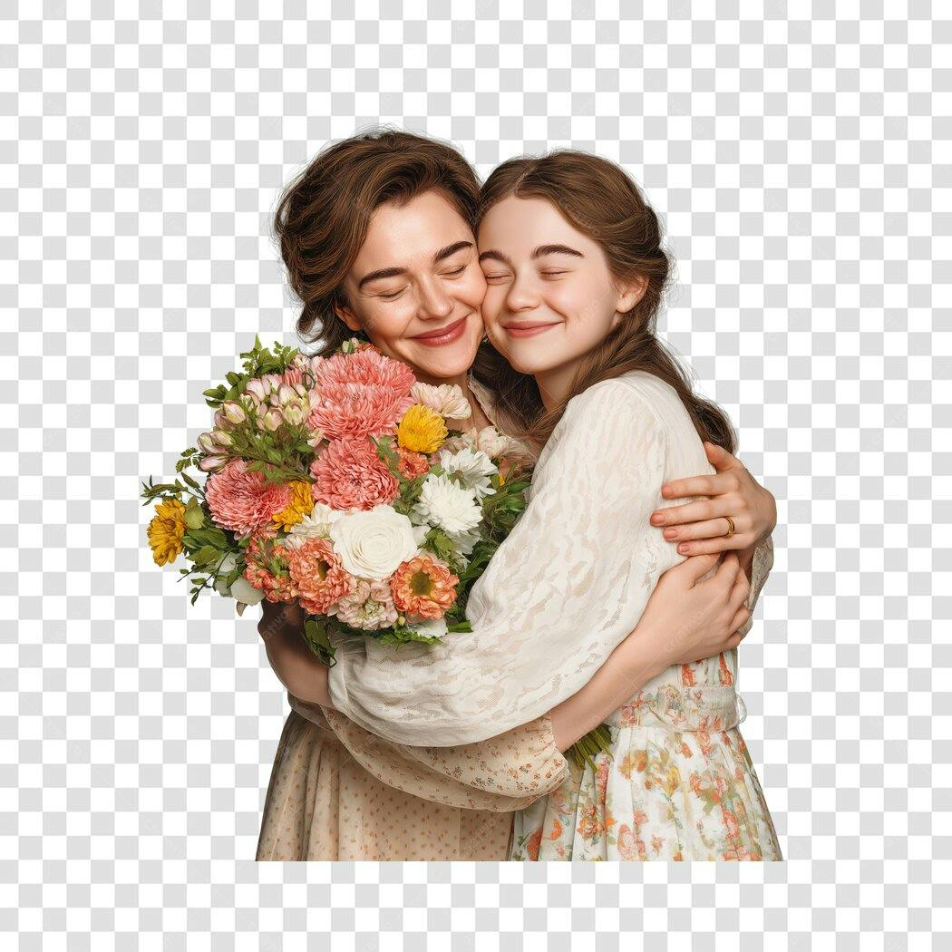 Foto Recortada Mãe e Filha Abraçadas Buquê Flores PNG Fundo Transparente