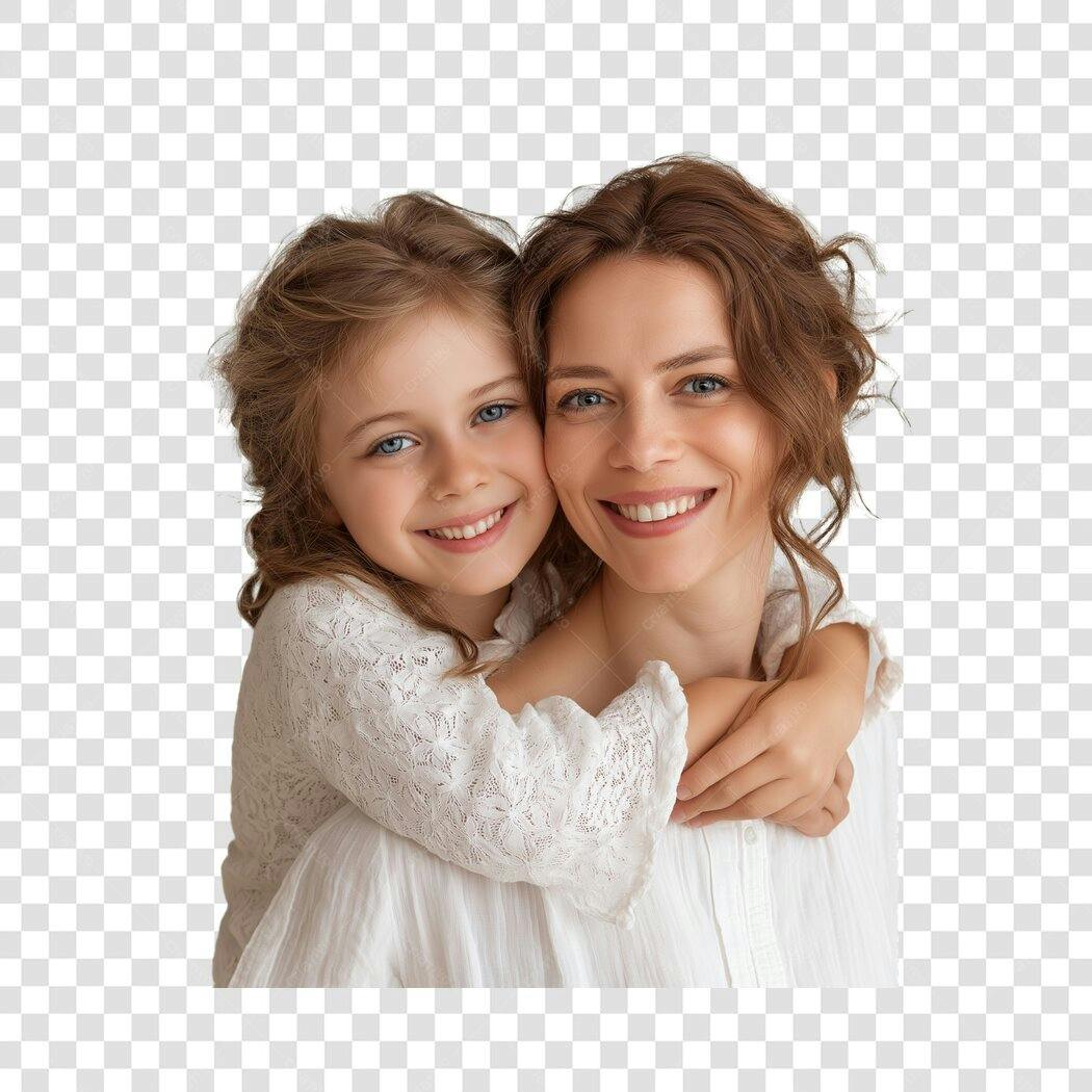 Foto Recortada Mãe e Filha Abraçadas Sorrindo PNG Fundo Transparente