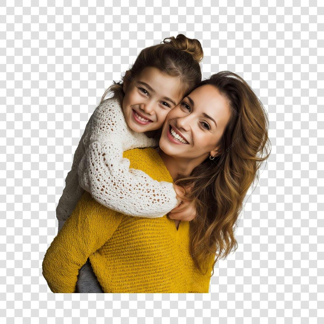 Foto Recortada Mãe e Filha Abraçadas Sorrindo PNG Fundo Transparente