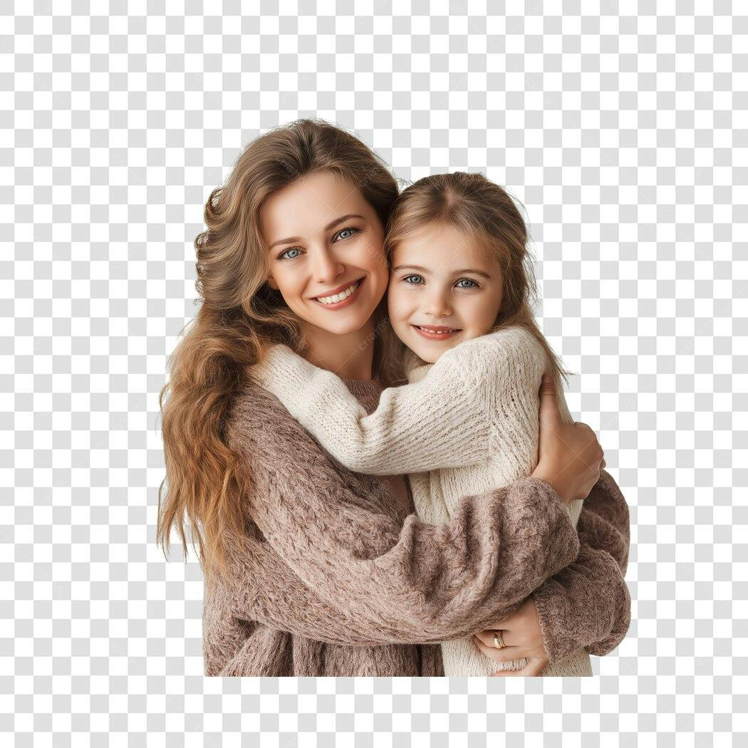 Foto Recortada Mãe e Filha Abraçadas Sorrindo PNG Fundo Transparente