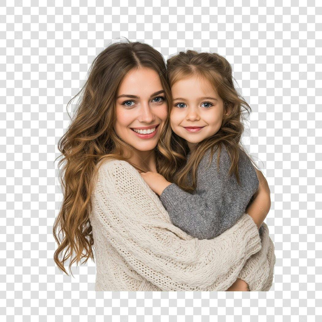 Foto Recortada Mãe e Filha Abraçadas Sorrindo PNG Fundo Transparente