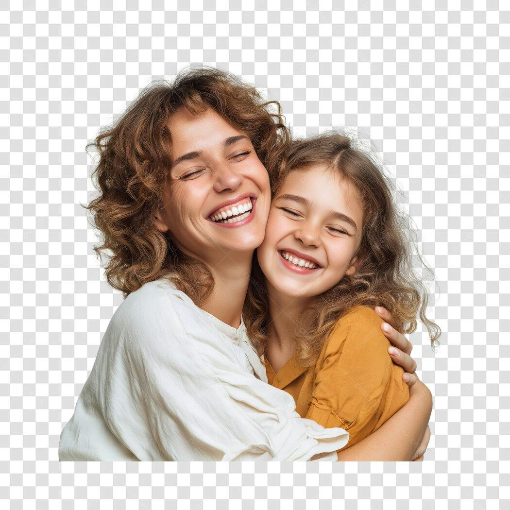 Foto Recortada Mãe e Filha Abraçadas Sorrindo PNG Fundo Transparente