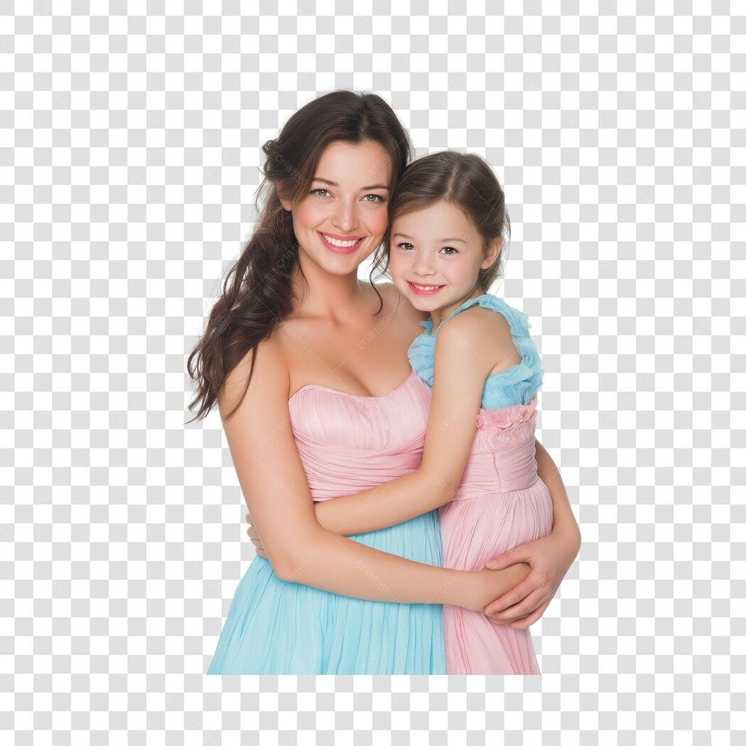 Foto Recortada Mãe e Filha Abraçadas Sorrindo PNG Fundo Transparente