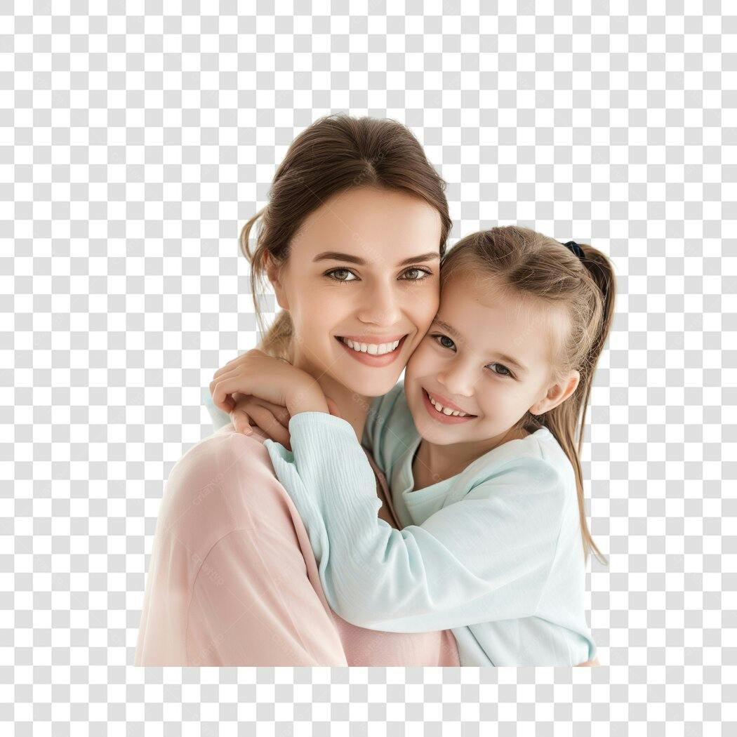 Foto Recortada Mãe e Filha Abraçadas Sorrindo PNG Fundo Transparente