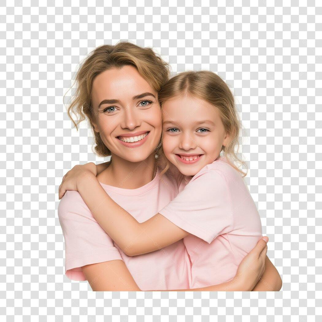 Foto Recortada Mãe e Filha Abraçadas Sorrindo PNG Fundo Transparente
