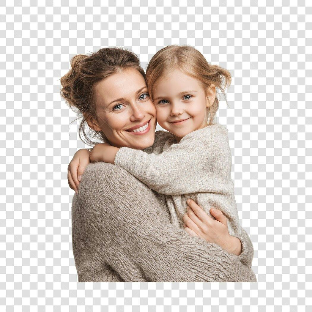 Foto Recortada Mãe e Filha Abraçadas Sorrindo PNG Fundo Transparente