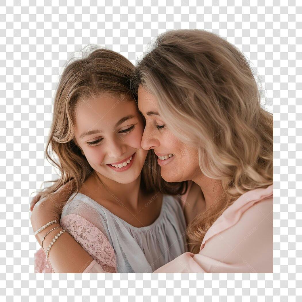 Foto Recortada Mãe e Filha Abraçadas Sorrindo PNG Fundo Transparente